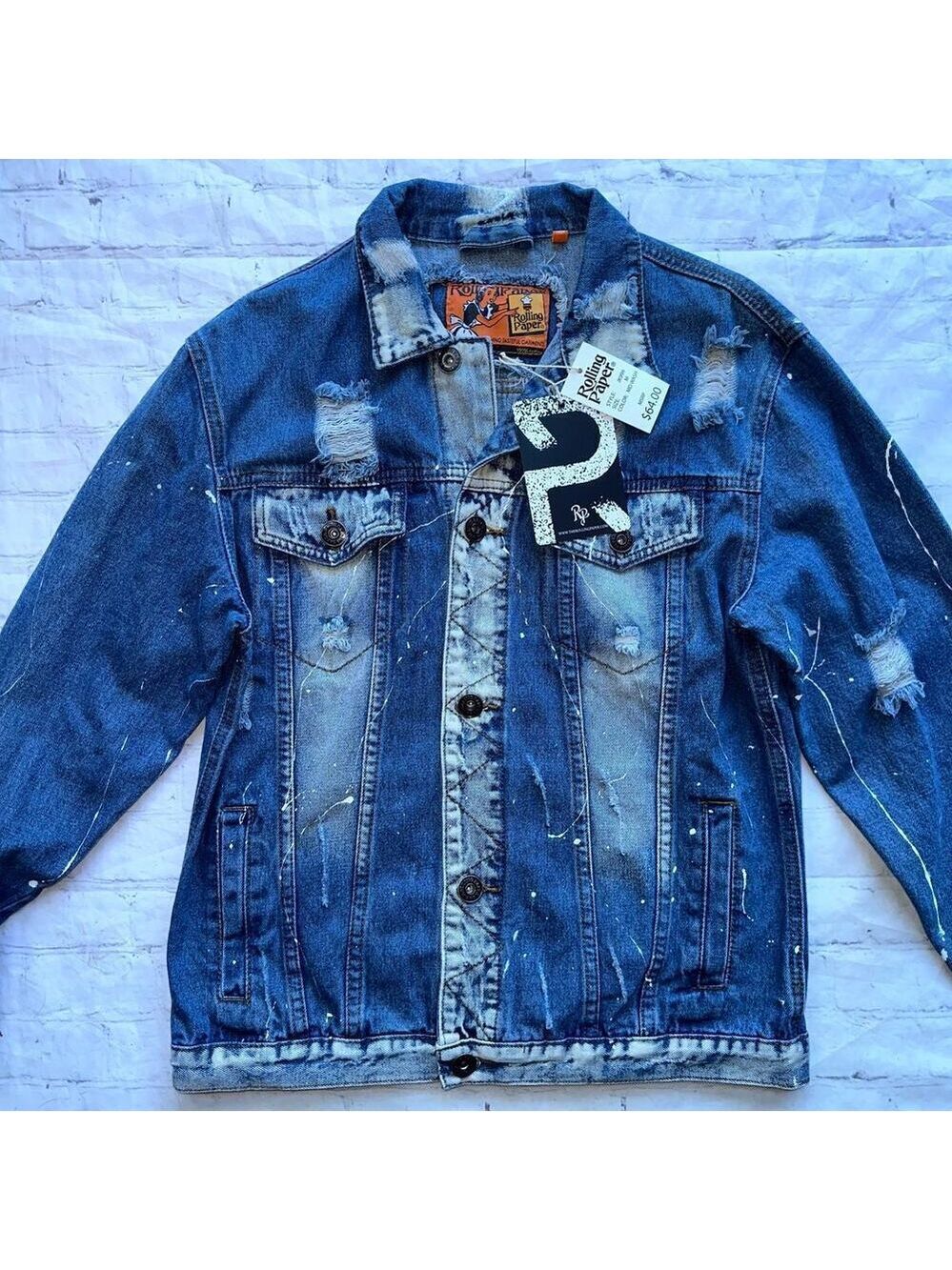NWT Unisex Adult Medium Rolling Paper Distressed Denim Jean Trucker Jacket